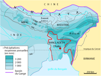 Relief, précipitations et réseau hydrographique au Bangladesh